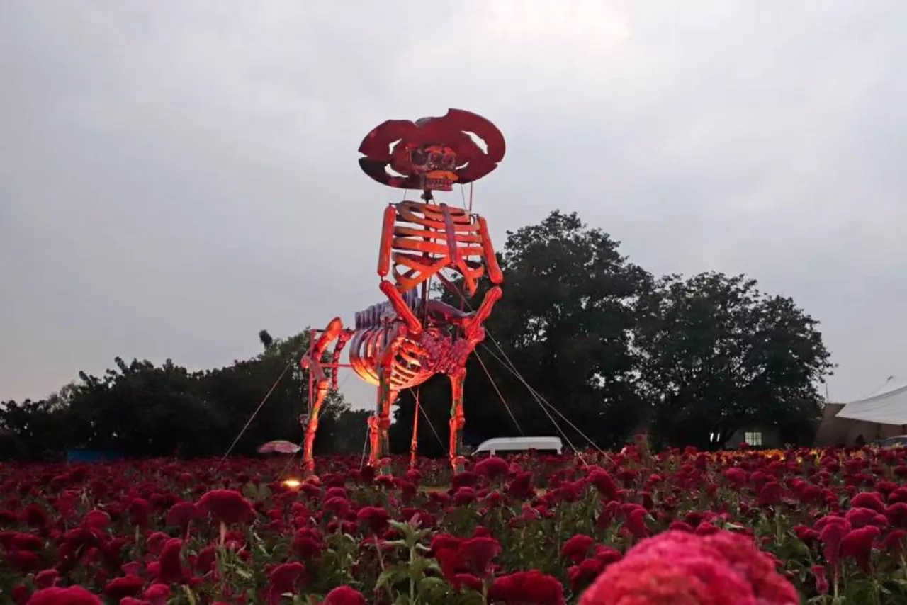 Esqueleto gigante en campo de flores- Día de Muertos