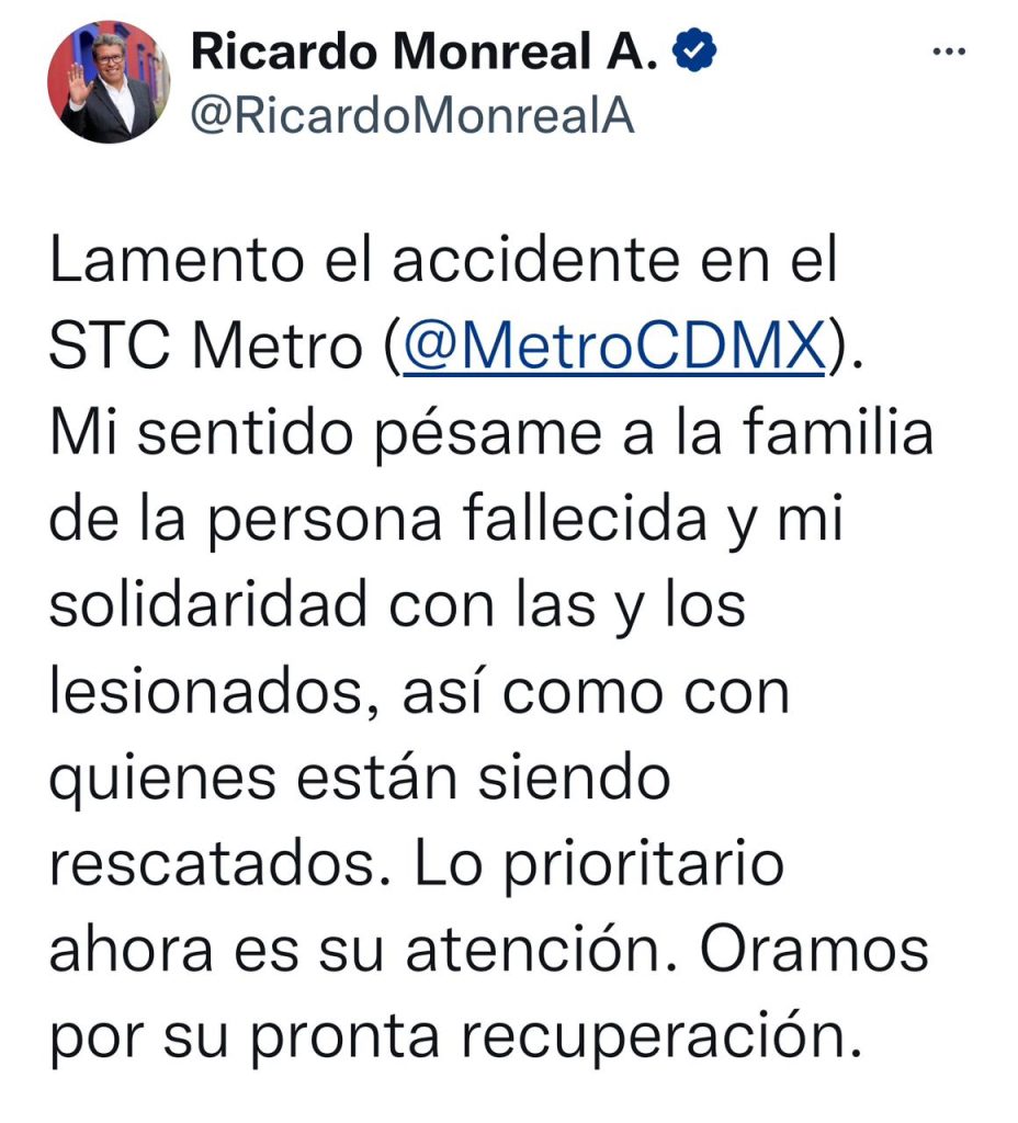 Lamenta Ricardo Monreal accidente del Metro, se solidariza con heridos y da pésame a familia de fallecido 2 Foto 1 1 7